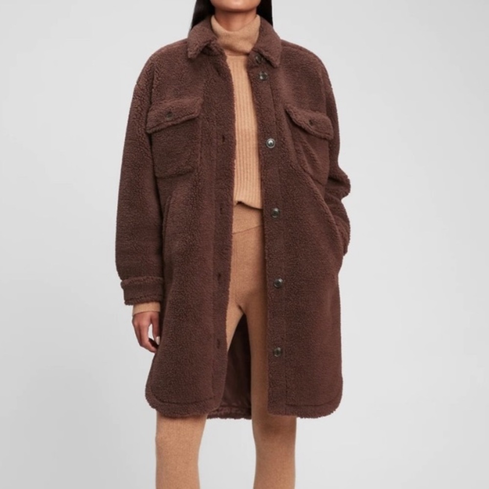NEW Gap Oversized Sherpa Shirt Jacket Coat Teddy Bear Brown Medium Tall